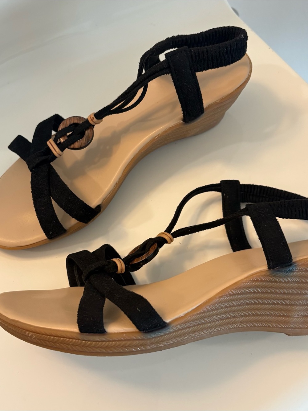 Women's Black Elastic Strap Wedge Sandals
